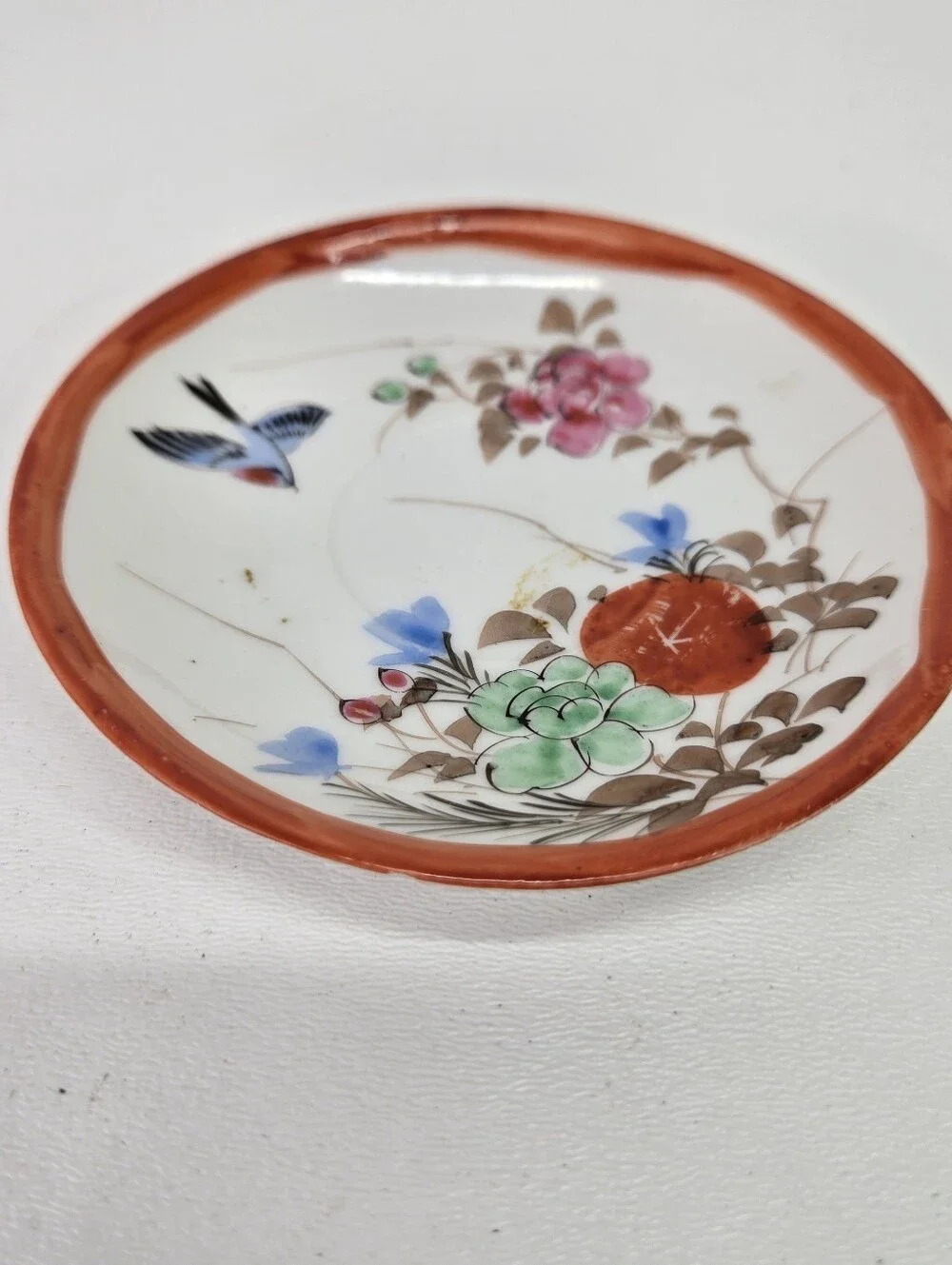 Antique Japanese Kutani‎ Porcelain Small Dish Bird Floral Red Rim Saucer Plate